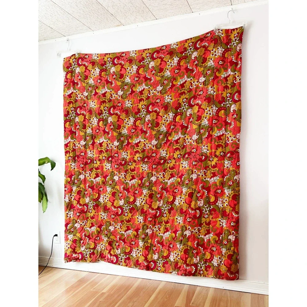 70s Red Orange Floral Bedspread Twin or Full Retro 70s Psychedelic Garden Cotton - Picture 5 of 8
